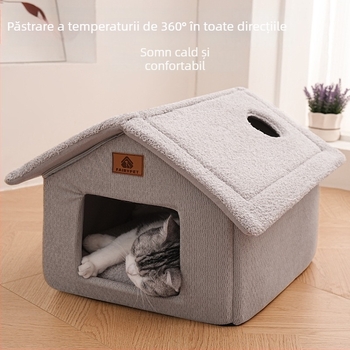 Cuib pentru pisici cu design semiînchis, detașabil și lavabil, utilizare în interior, căldură de iarnă/toamnă, material textil