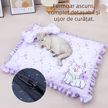 Cuib pentru animale de companie cu bordură dantelată, pat pentru pisici, toate anotimpurile, detașabil și lavabil