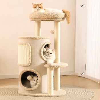 Arbore pentru pisici cu vizuină integrată și platforme pe mai multe niveluri, design compact (Material: placă de densitate; Cod produs: 24T0189MN0054; Stil: simplu; Potrivit pentru pisici de talie medie)