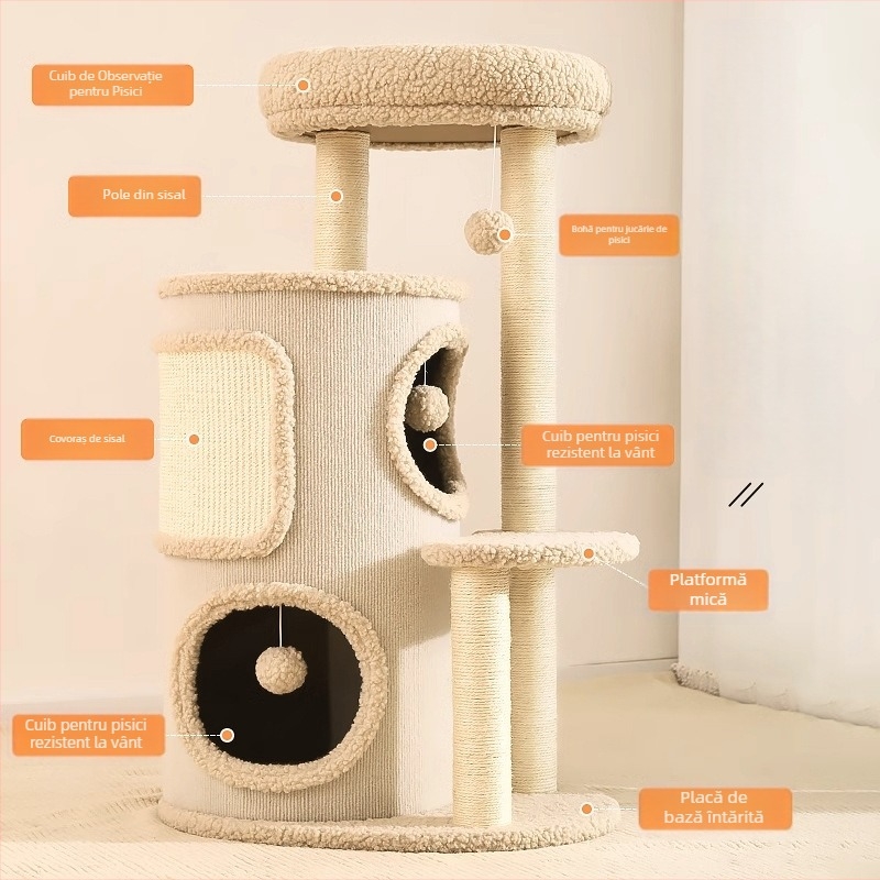 Arbore pentru pisici cu vizuină integrată și platforme pe mai multe niveluri, design compact (Material: placă de densitate; Cod produs: 24T0189MN0054; Stil: simplu; Potrivit pentru pisici de talie medie)