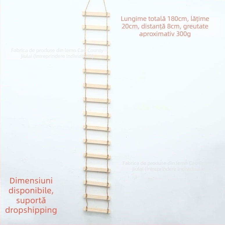 Cadru de escaladare pentru pisici din lemn masiv cu scară de frânghie, cuib, placă de zgâriere și pod suspendat