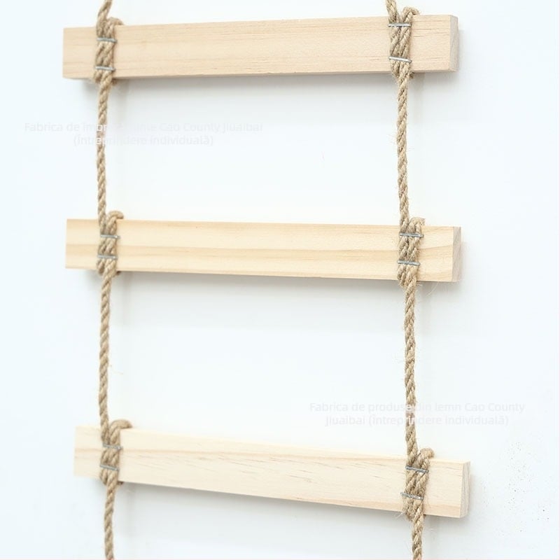 Cadru de escaladare pentru pisici din lemn masiv cu scară de frânghie, cuib, placă de zgâriere și pod suspendat