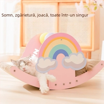 Structură de cățărare pentru pisici, All-in-One, cu placă de zgâriere, cuib și scaun leagăn — stil Prințesă, în picioare, material hârtie, model MM-216+