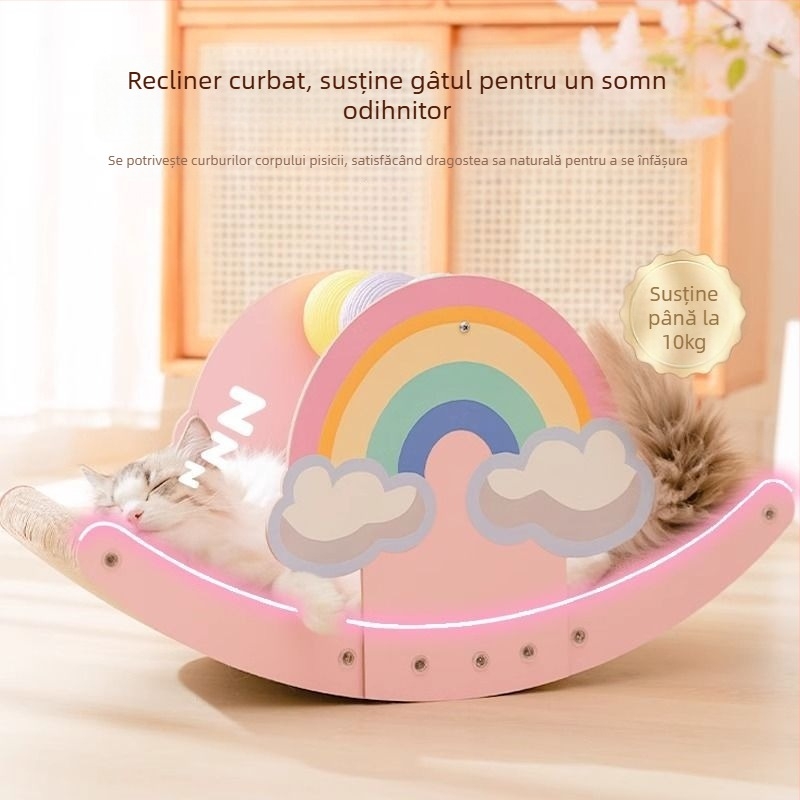 Structură de cățărare pentru pisici, All-in-One, cu placă de zgâriere, cuib și scaun leagăn — stil Prințesă, în picioare, material hârtie, model MM-216+