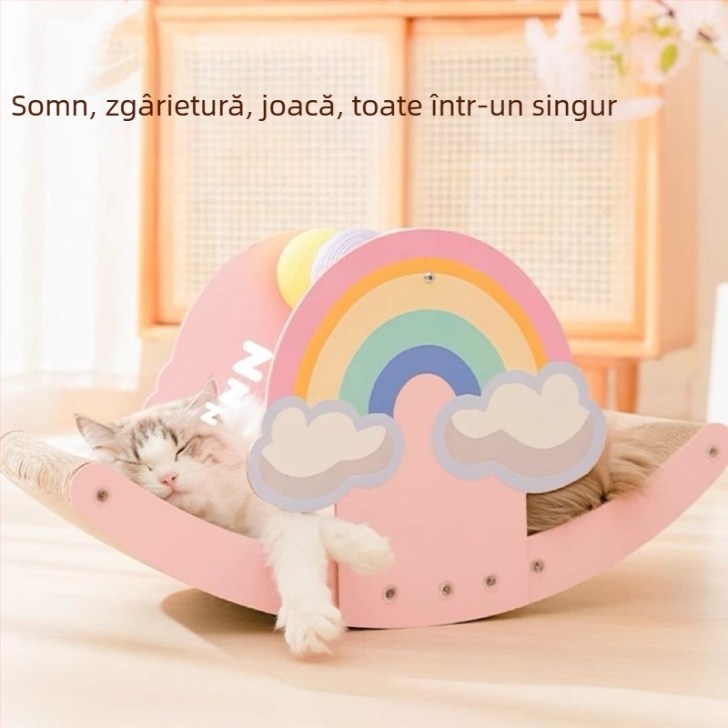 Structură de cățărare pentru pisici, All-in-One, cu placă de zgâriere, cuib și scaun leagăn — stil Prințesă, în picioare, material hârtie, model MM-216+