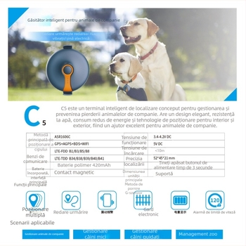 Traseu GPS pentru animale de companie (câini și pisici) – precizie GPS 5 m, IP67 impermeabil, autonomie baterie 25 zile, alarme pentru deconectarea alimentării, alarmă mobilă și gard, gard electronic, hărți offline, redare traiectorie