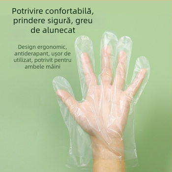 Mănuși de unică folosință, tip trasabil (pull-out), din PE alimentar, transparente, groase, grosime 0,2–0,3 mm, rezistente la abraziune