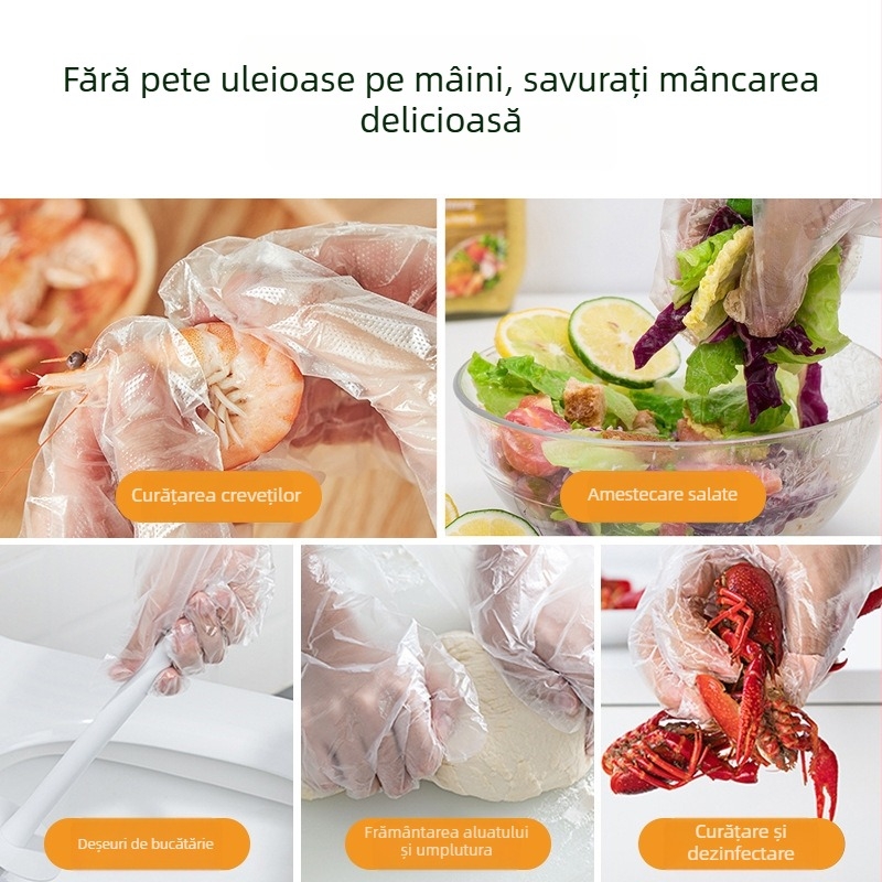 Mănuși de unică folosință, tip trasabil (pull-out), din PE alimentar, transparente, groase, grosime 0,2–0,3 mm, rezistente la abraziune