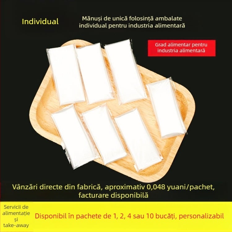 Mănuși de unică folosință, ambalate individual, mai groase pentru alimentație; potrivite pentru homar, grătar și pizza
