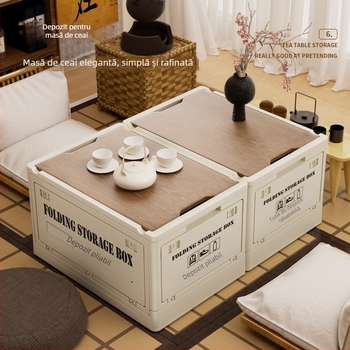 Lada de depozitare în stil industrial, organizator pliabil cu capac din lemn pentru gustări și jucării, capacitate 50–60 L; Material: placă de densitate + PP; Cu roți; Model 2003