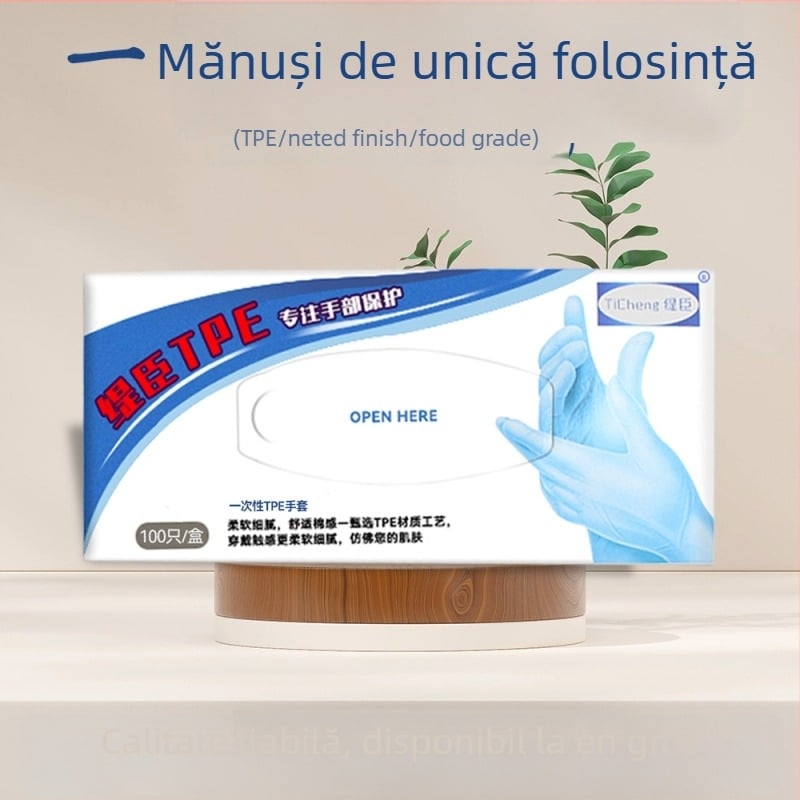Mănuși de unică folosință pentru gospodărie, din TPE, de calitate alimentară, transparente, grosime 0,02 mm, lungime 28 cm, 100 bucăți pe cutie