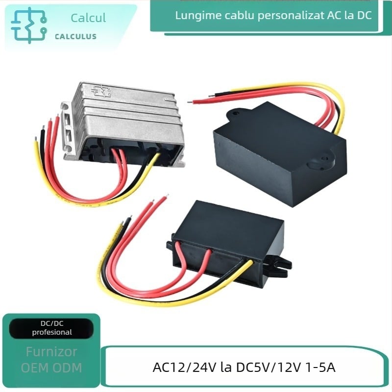 Modul auto AC-DC la DC cu ieșire dublă 12V și 5V, intrare 17-26V AC, până la 5A, eficiență 95%, IP67, greutate ~60 g