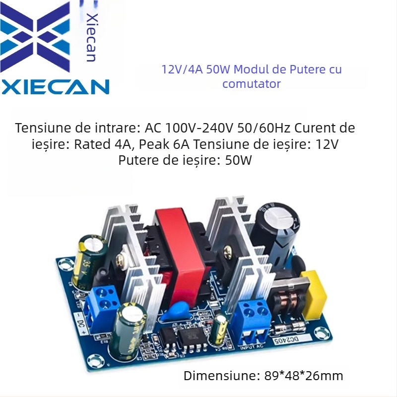 Modul de alimentare izolat cu comutator AC-DC, ieșire 12V 4A, 50W, protecție la suprasarcină și supratensiune, consum redus