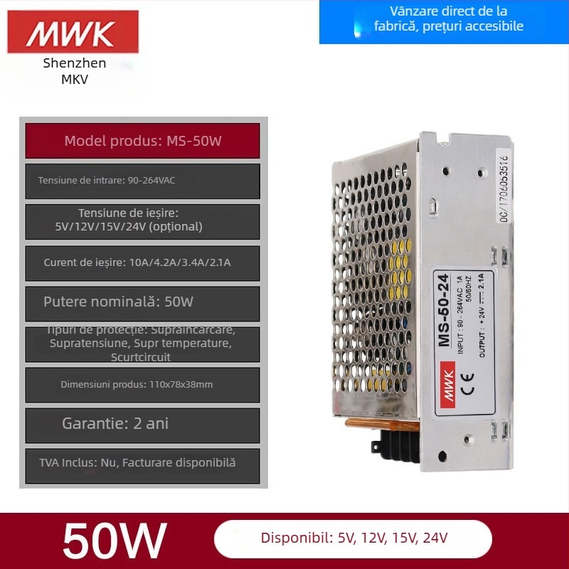 Sursă de alimentare cu comutare DC MS-50W – ieșiri 24V 2A, 12V 4,2A, 5V 10A