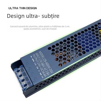 Lampa LED liniară, ultra-subțire, sursă de alimentare switch 220V, ieșire 12V/24V, montaj interior fix, randament 90%, puteri 45–400W