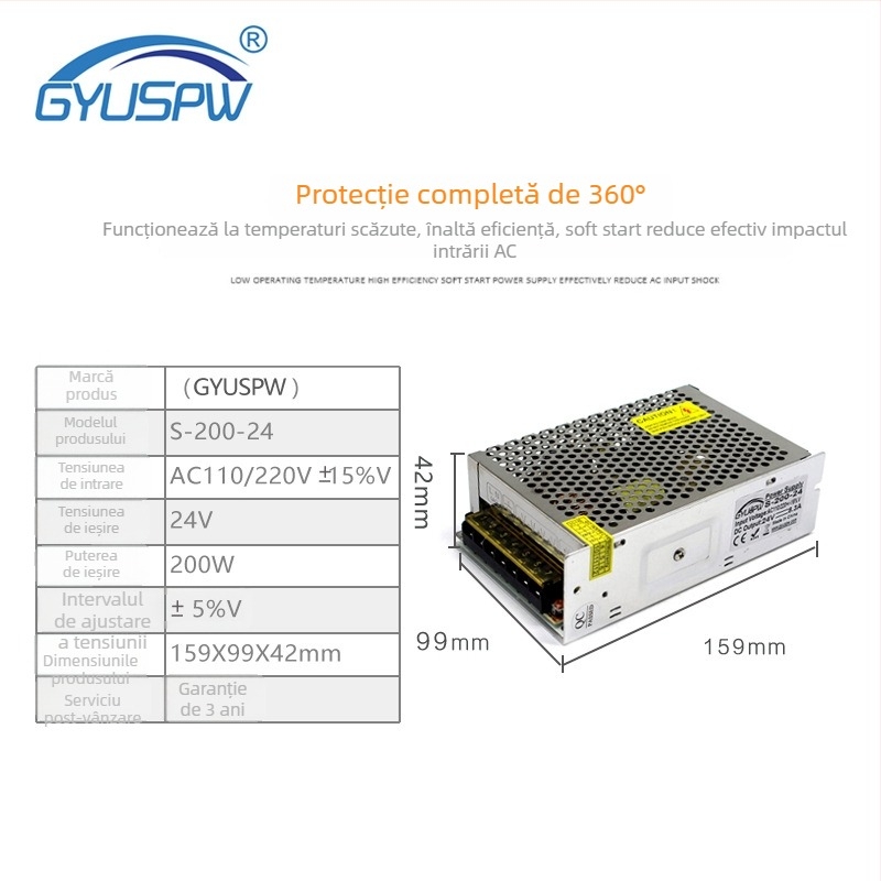 Sursă de alimentare LED pentru bandă modulară 24V, 200W, intrare AC220V, eficiență 80%, IP20