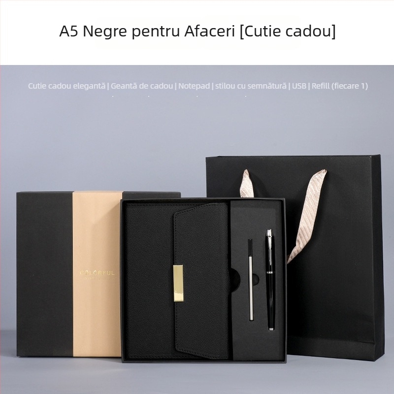 Set blocnotes cu copertă din piele ecologică, legare cu sârmă, Dowling hârtie 80 g, 100–200 pagini, stil birou, set cadou personalizat