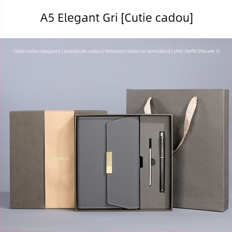Set blocnotes cu copertă din piele ecologică, legare cu sârmă, Dowling hârtie 80 g, 100–200 pagini, stil birou, set cadou personalizat