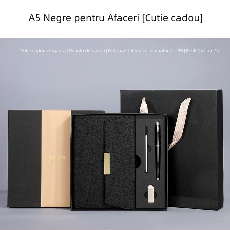 Set blocnotes cu copertă din piele ecologică, legare cu sârmă, Dowling hârtie 80 g, 100–200 pagini, stil birou, set cadou personalizat