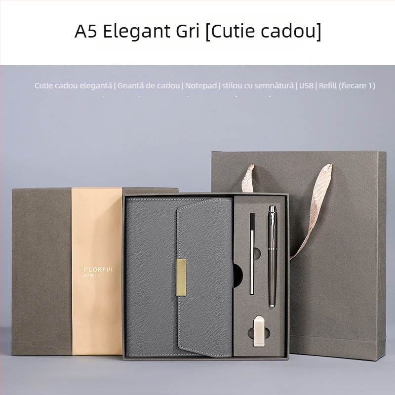 Set blocnotes cu copertă din piele ecologică, legare cu sârmă, Dowling hârtie 80 g, 100–200 pagini, stil birou, set cadou personalizat