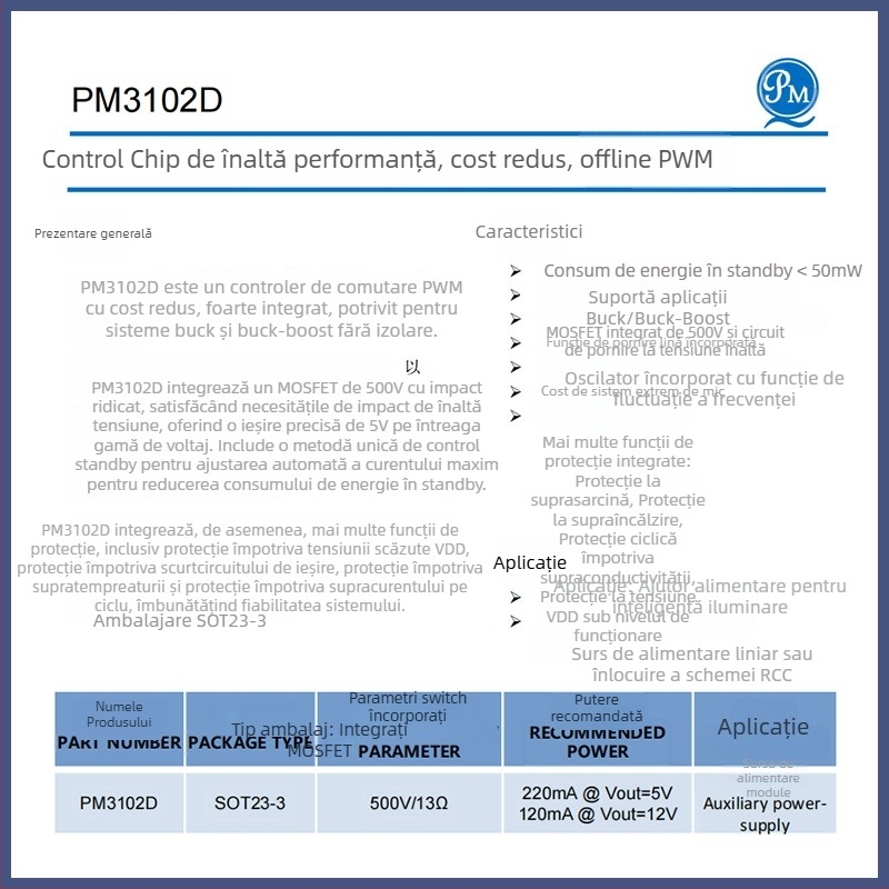 PM3102D IC de control PWM offline pentru sursă de alimentare AC/DC auxiliară