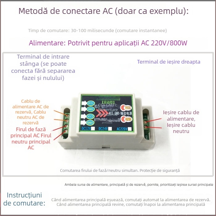 Comutator automat de alimentare dual pentru DC 12/24V și AC 220V, 10A, modul cu 2 intrări și 1 ieșire