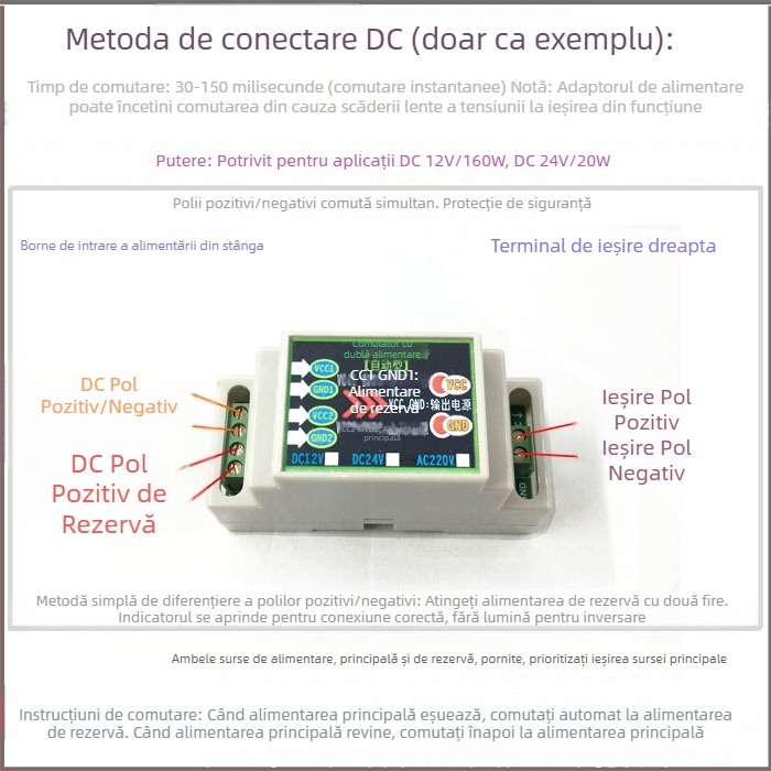 Comutator automat de alimentare dual pentru DC 12/24V și AC 220V, 10A, modul cu 2 intrări și 1 ieșire