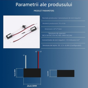 PS-A106 Generator de ioni negativ pentru mașină — purifică aerul și elimină fumul, 1–3 W, tensiune DC3.7V/DC12V sau AC220V