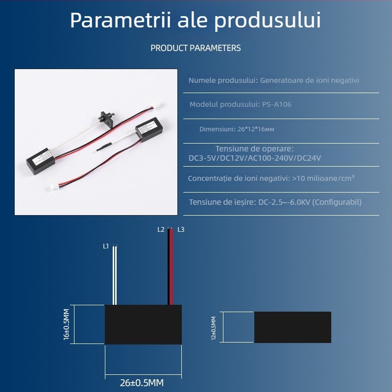 PS-A106 Generator de ioni negativ pentru mașină — purifică aerul și elimină fumul, 1–3 W, tensiune DC3.7V/DC12V sau AC220V