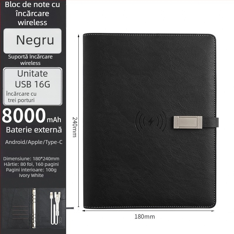 Set notebook cu încărcare wireless – RGB-53, 80 pagini, 6 găuri, reîncărcabil cu cablu de date