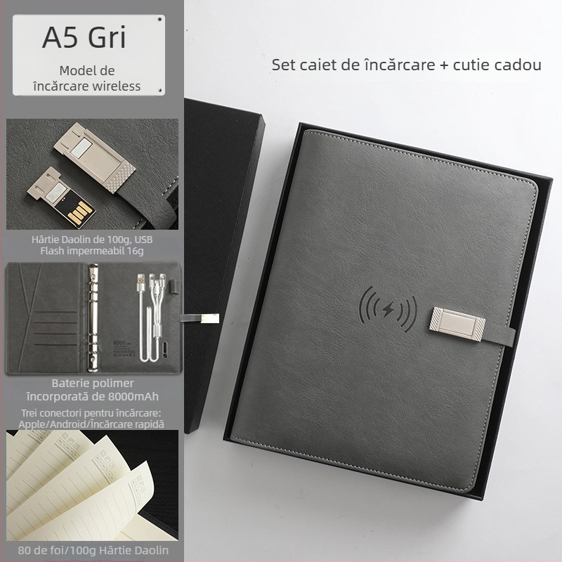 Set notebook cu încărcare wireless – RGB-53, 80 pagini, 6 găuri, reîncărcabil cu cablu de date