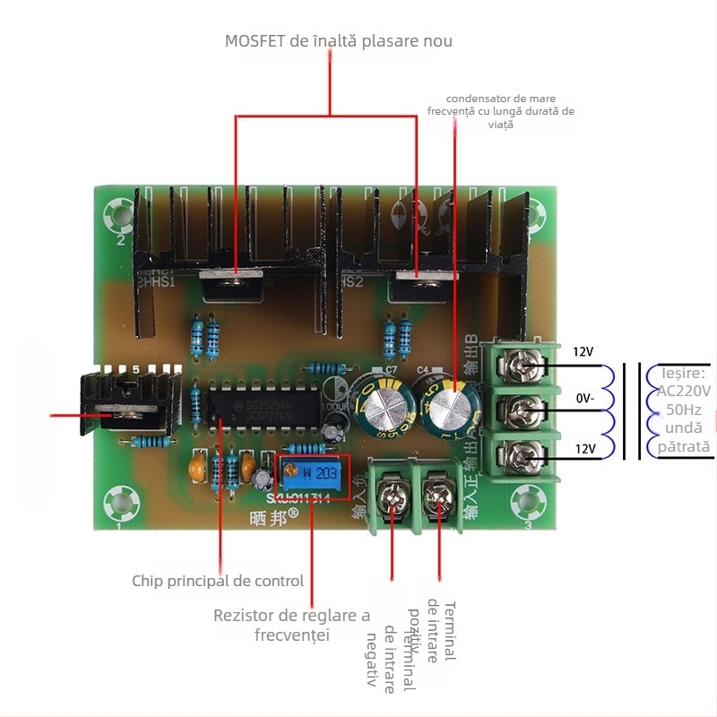 Inverter de 300W, frecvență de rețea 50Hz, undă pătrată, intrare DC12V, ieșire AC220V – placă de control a invertorului