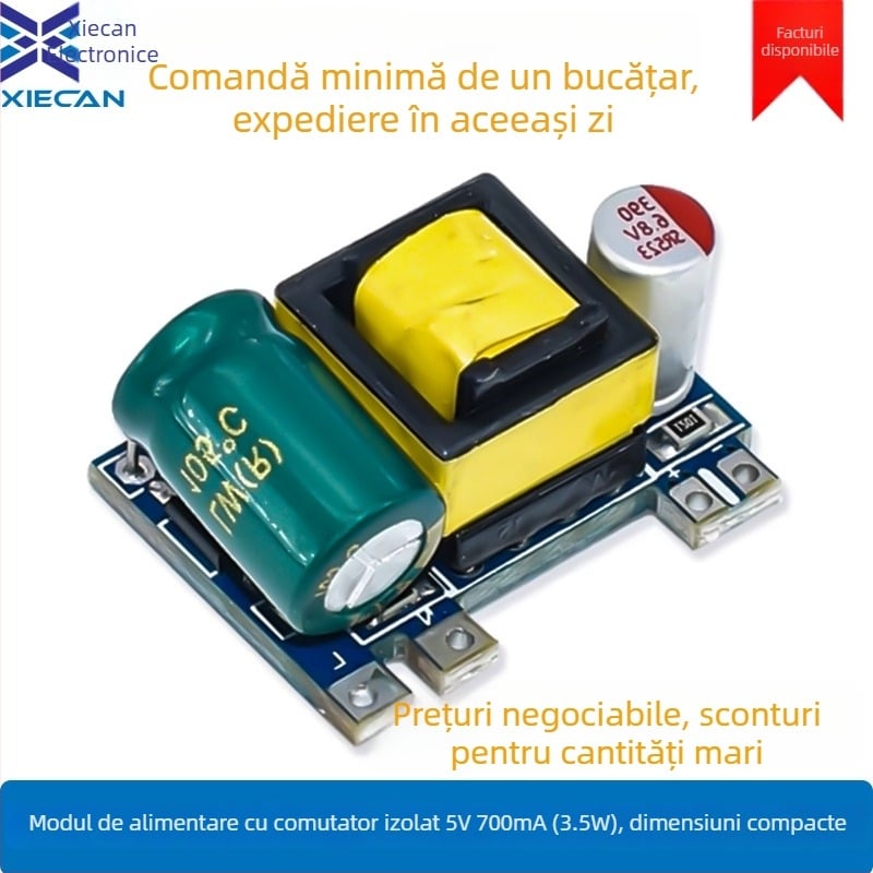Modul de alimentare izolat AC-DC cu conversie step-down, ieșire 5V 0.7A (3.5W), protecție la supracurent și scurtcircuit