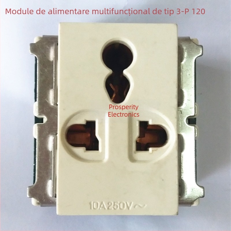 Modul de alimentare cu trei prize, 10A/250V, rezistent la umiditate, contacte din cupru, finisaj