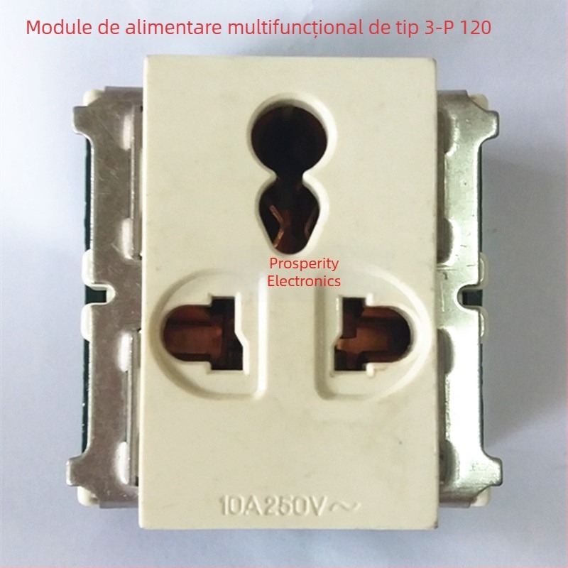 Modul de alimentare cu trei prize, 10A/250V, rezistent la umiditate, contacte din cupru, finisaj