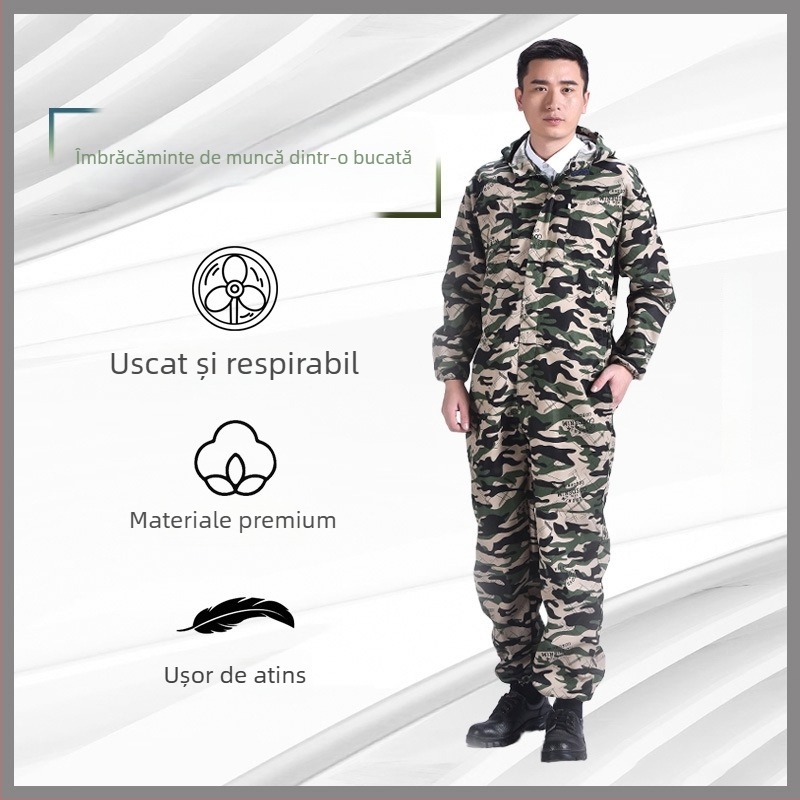 Combinezon camuflat pentru bărbați, croială lejeră, din material amestec de bumbac cu căptușeală de poliester; protecție împotriva murdăriei și decontaminare; potrivit pentru sudură, vopsire, reparații auto și creșterea animalelor.