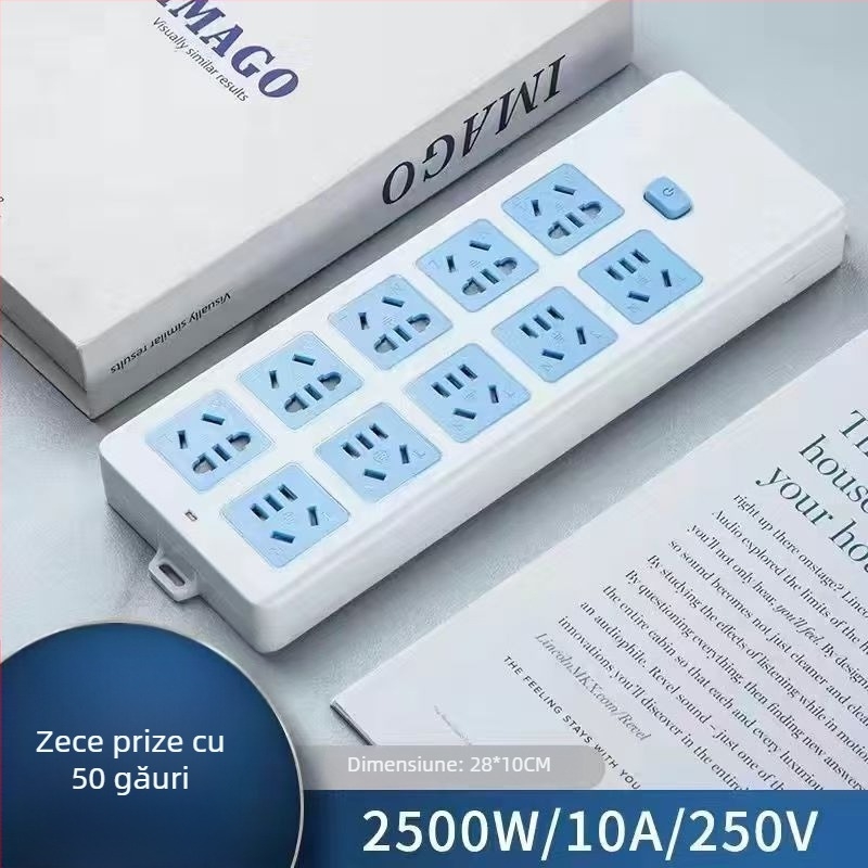 Prelungitor cu mai multe prize pentru uz casnic, 10A/2500W, carcasă PP+PC, certificat CCC, 220-250V
