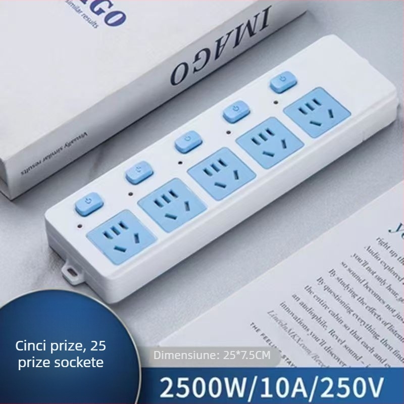 Prelungitor cu mai multe prize pentru uz casnic, 10A/2500W, carcasă PP+PC, certificat CCC, 220-250V