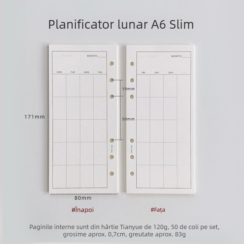 Planner cu foi detașabile, hârtie 120 g TianYue, pagini cu grilă și goale