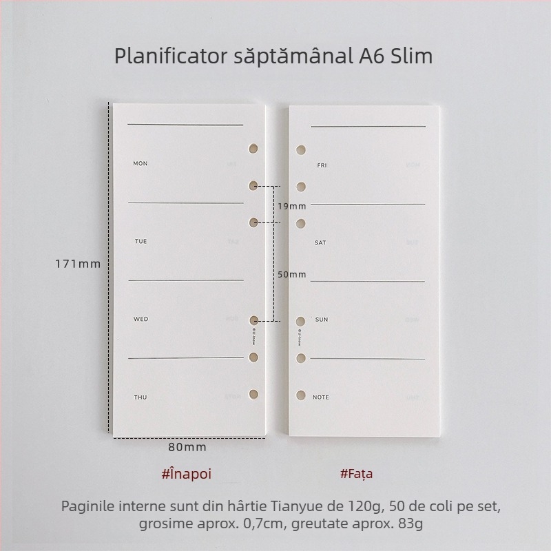 Planner cu foi detașabile, hârtie 120 g TianYue, pagini cu grilă și goale