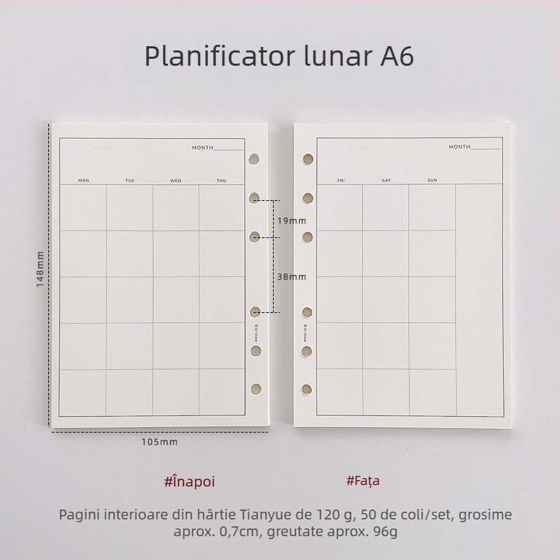 Planner cu foi detașabile, hârtie 120 g TianYue, pagini cu grilă și goale
