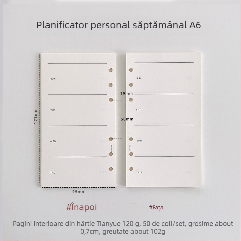 Planner cu foi detașabile, hârtie 120 g TianYue, pagini cu grilă și goale