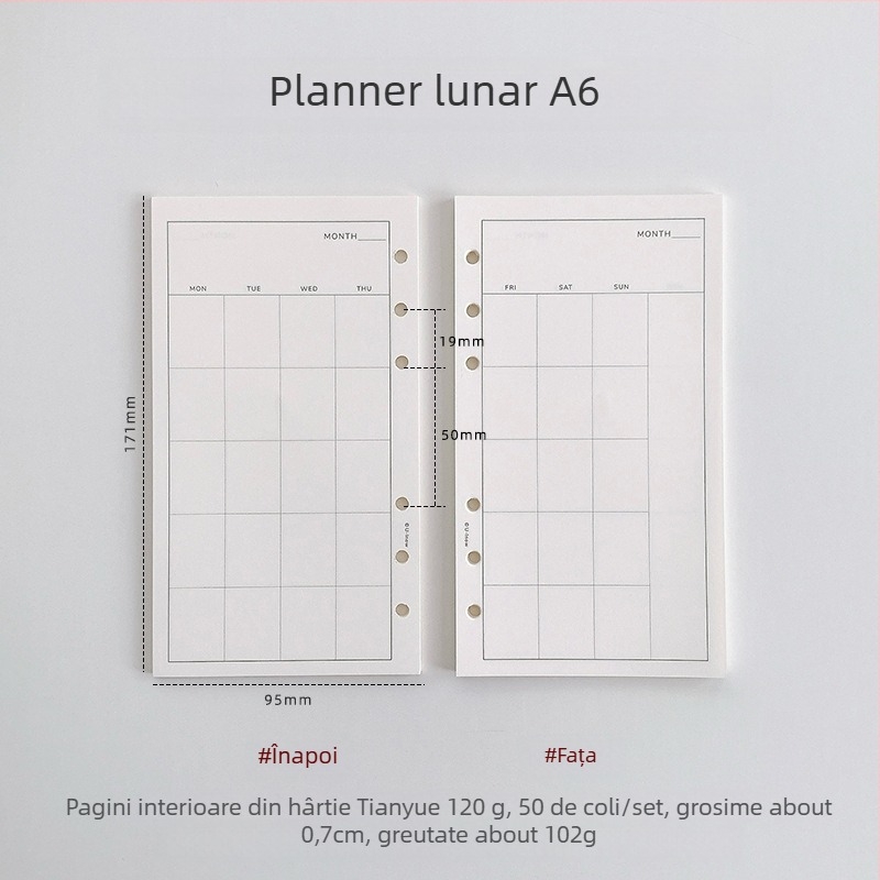 Planner cu foi detașabile, hârtie 120 g TianYue, pagini cu grilă și goale