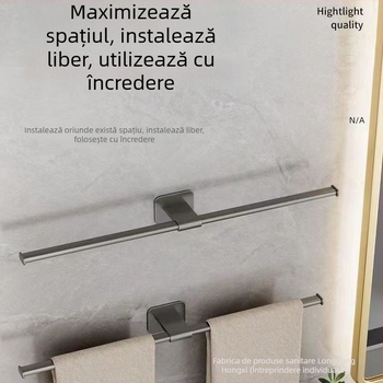 Bară pentru prosoape fără găuri, din aluminiu Space, cu un singur braț, finisaj spray plastic, încărcare 15 kg, stil modern minimalist