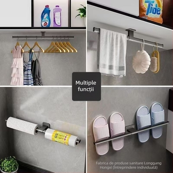 Bară pentru prosoape fără găuri, din aluminiu Space, cu un singur braț, finisaj spray plastic, încărcare 15 kg, stil modern minimalist