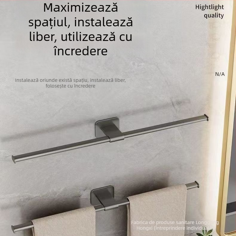 Bară pentru prosoape fără găuri, din aluminiu Space, cu un singur braț, finisaj spray plastic, încărcare 15 kg, stil modern minimalist