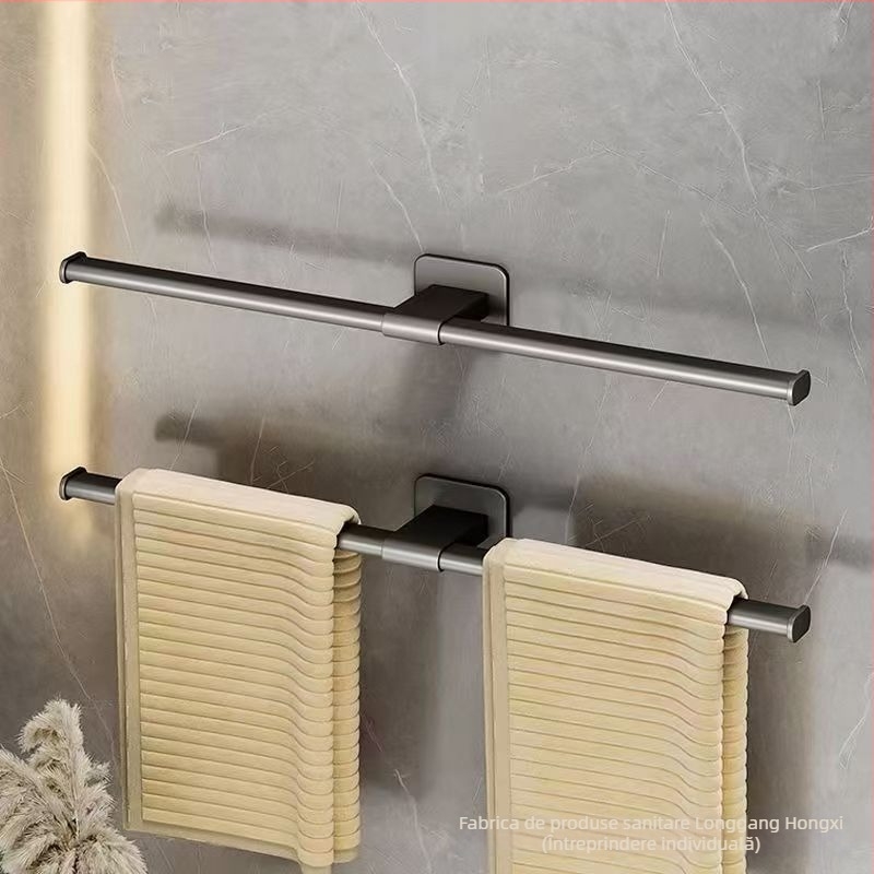 Bară pentru prosoape fără găuri, din aluminiu Space, cu un singur braț, finisaj spray plastic, încărcare 15 kg, stil modern minimalist