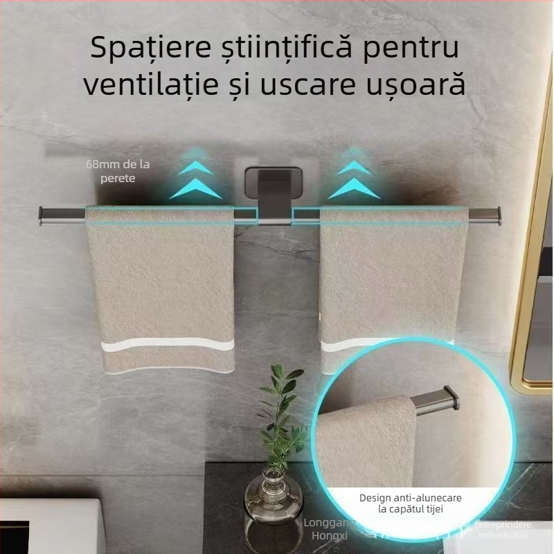 Bară pentru prosoape fără găuri, din aluminiu Space, cu un singur braț, finisaj spray plastic, încărcare 15 kg, stil modern minimalist