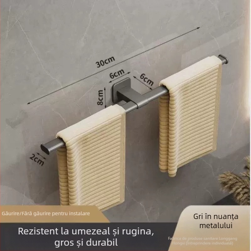 Bară pentru prosoape fără găuri, din aluminiu Space, cu un singur braț, finisaj spray plastic, încărcare 15 kg, stil modern minimalist
