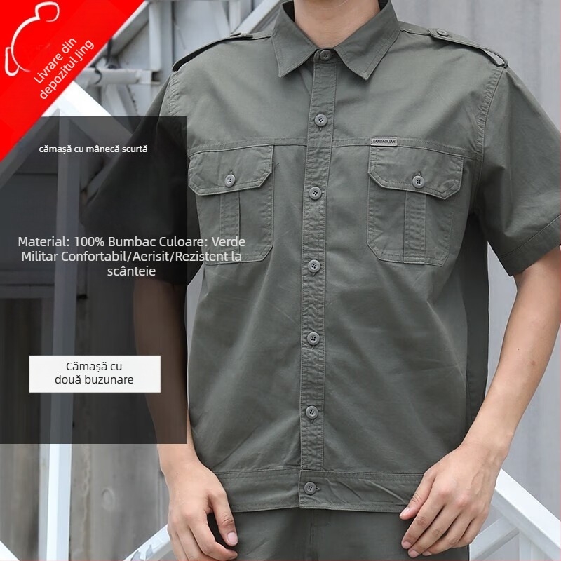 Geacă de lucru pentru bărbați, vară, ușoară — protecție împotriva prafului, rezistentă la uzură, model camuflaj; material principal 100% bumbac; țesătură fină bumbac-poliester; căptușeală Dyka